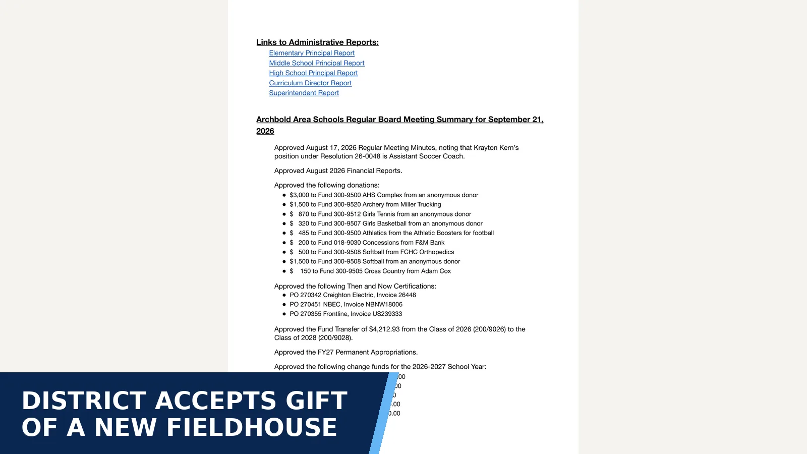 Excerpt from Board of Education meeting summary - September 21, 2026 for District accepts gift of a new fieldhouse