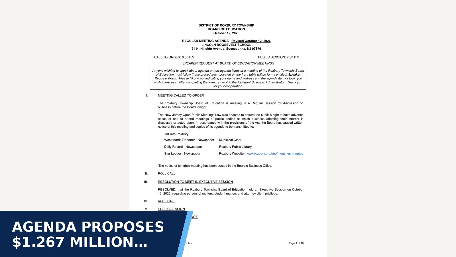 Excerpt from Agenda — 10/12/26 Agenda Minutes Regular L/R 6:30 PM 7:30 PM for Agenda proposes $1.267 million Lincoln Roosevelt…