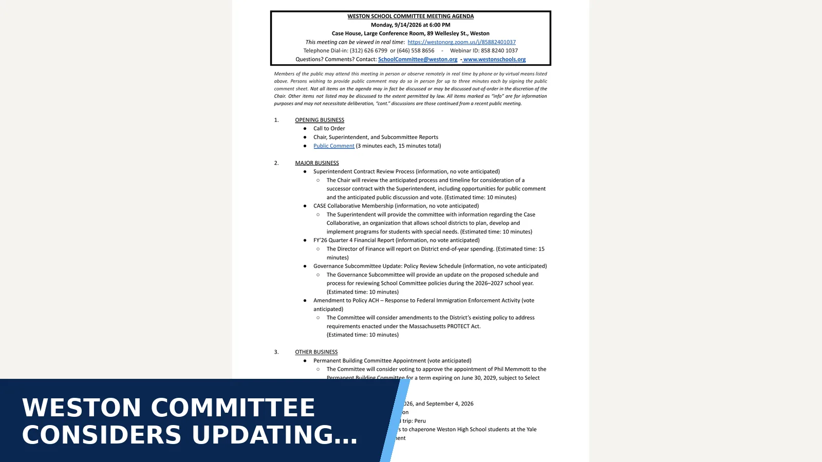 Excerpt from Regular Meeting Agenda (PDF) school committee hybrid — 2026-09-14 for Weston committee considers updating policy on…
