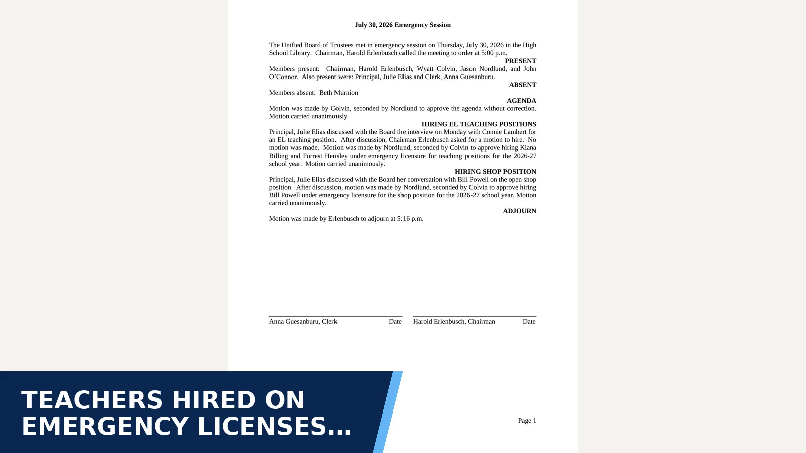 Excerpt from Board minutes - July 30, 2026 EM.pdf for Teachers hired on emergency licenses as applicants…
