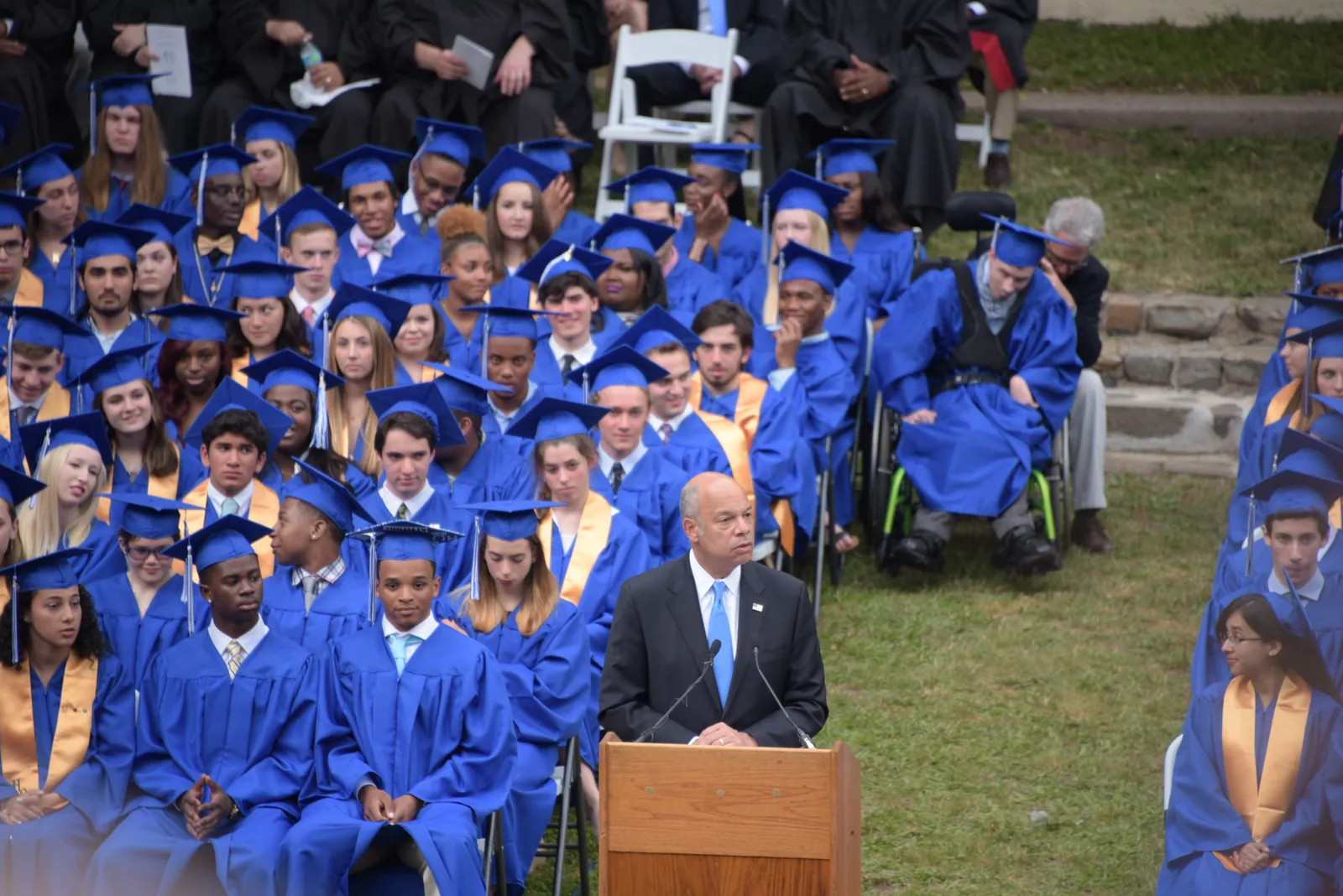 MONTCLAIR, N.J. - Secretary Homeland Security Jeh Johnson delivers the commencement address to the Montclair High School graduating class of 2016 in a ceremony held in Montclair, New Jersey, June 23, 2016. Secretary Johnson delivered words of encouragement to the more than 450 students and audience of more than 1,800 friends, family and faculty members. Official DHS photo by Jetta Disco.