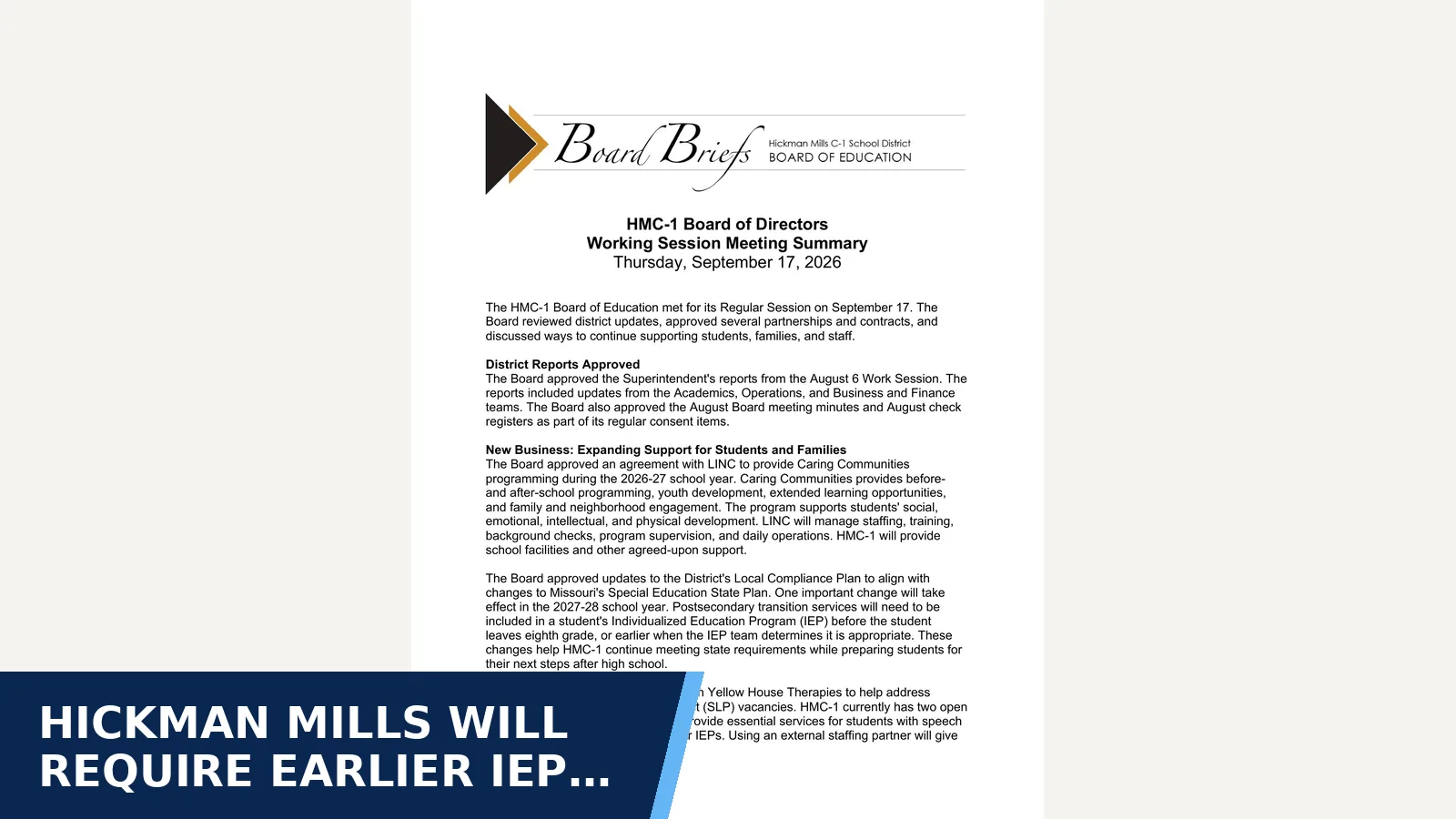 Excerpt from September 17, 2026 Board Brief for Hickman Mills will require earlier IEP transition…