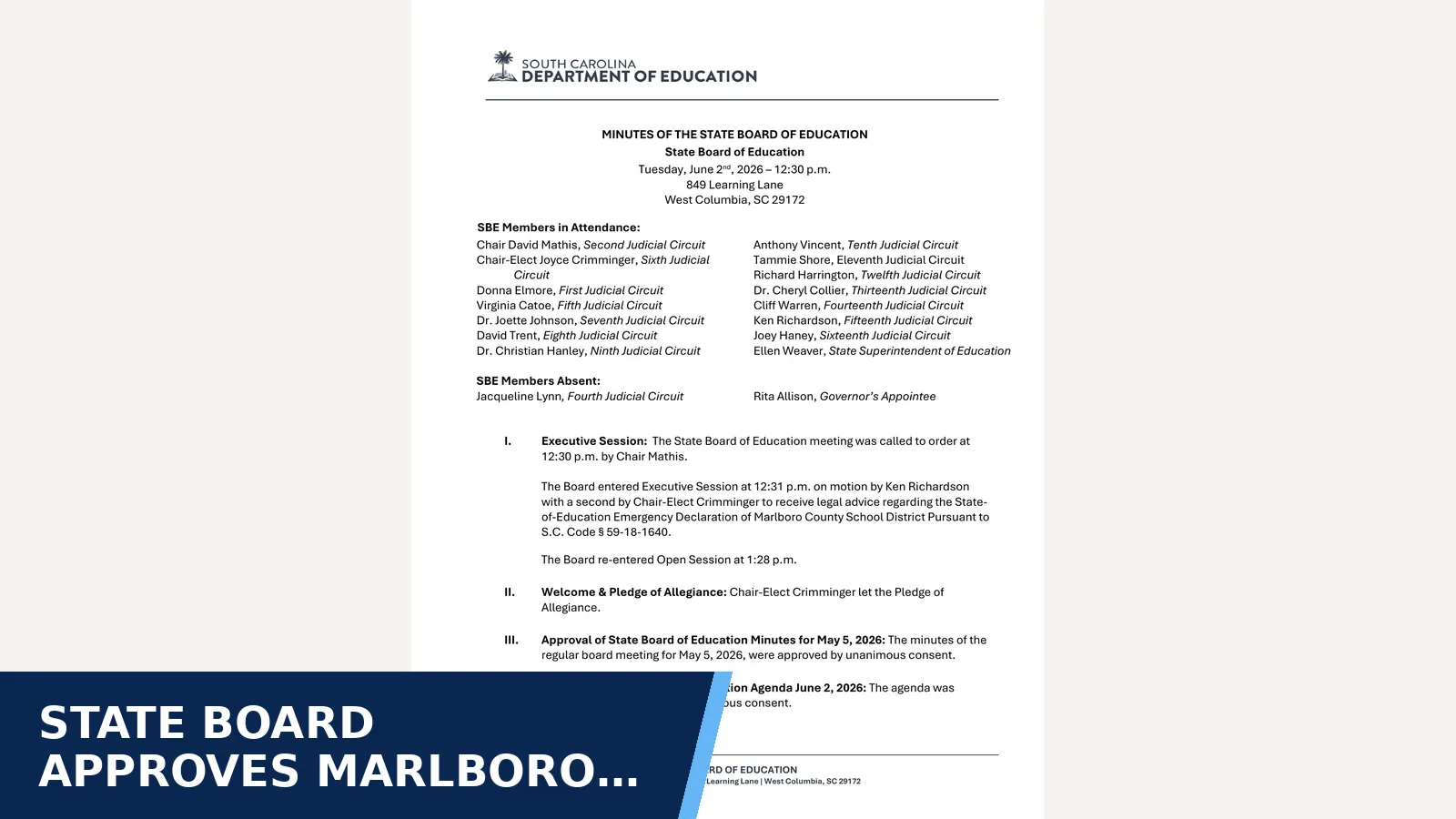 Excerpt from South Carolina State Board — Full State Board — SBE Minutes 6.2.2026 for State Board approves Marlboro County education…