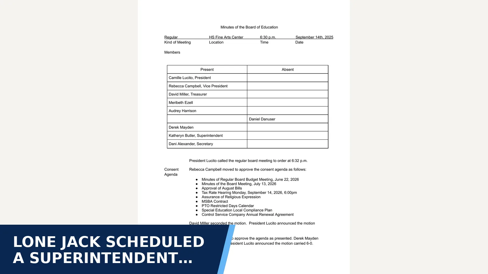Excerpt from September 14th, 2026 - Minutes of the Board of Education for Lone Jack scheduled a superintendent search launch…