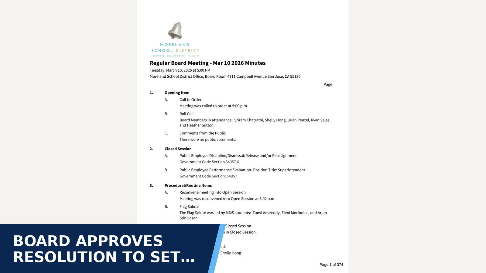 Excerpt from Regular Board Meeting - Mar 10 2026 full minutes package for Board Approves Resolution to Set Advance Tax Rate…