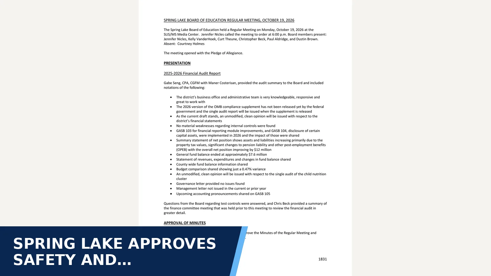 Excerpt from Spring Lake Board — October 19, 2026 Minutes for Spring Lake approves safety and mental-health…
