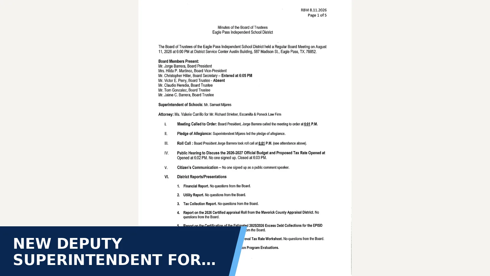 Excerpt from Eagle Pass ISD - August 11, 2026 - Regular Board Meeting for New deputy superintendent for curriculum and new…