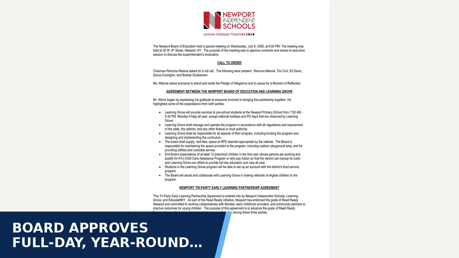 Excerpt from Minutes of July 8 26 for Board approves full-day, year-round childcare…