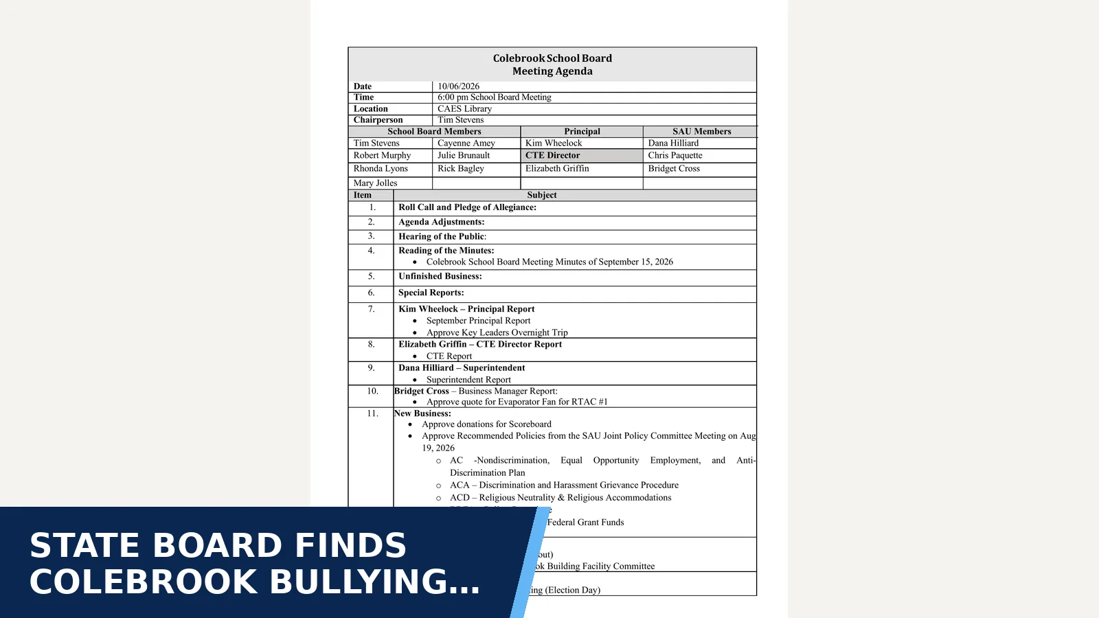 Excerpt from Colebrook School Board Colebrook Public Packet 10-06-26 for State Board finds Colebrook bullying investigation…