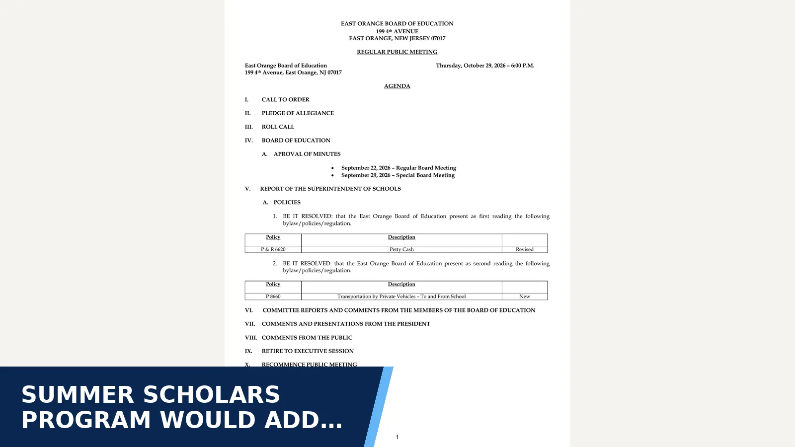 Excerpt from October 29, 2026 Board Agenda - Public -Rev. for Summer scholars program would add rising third graders