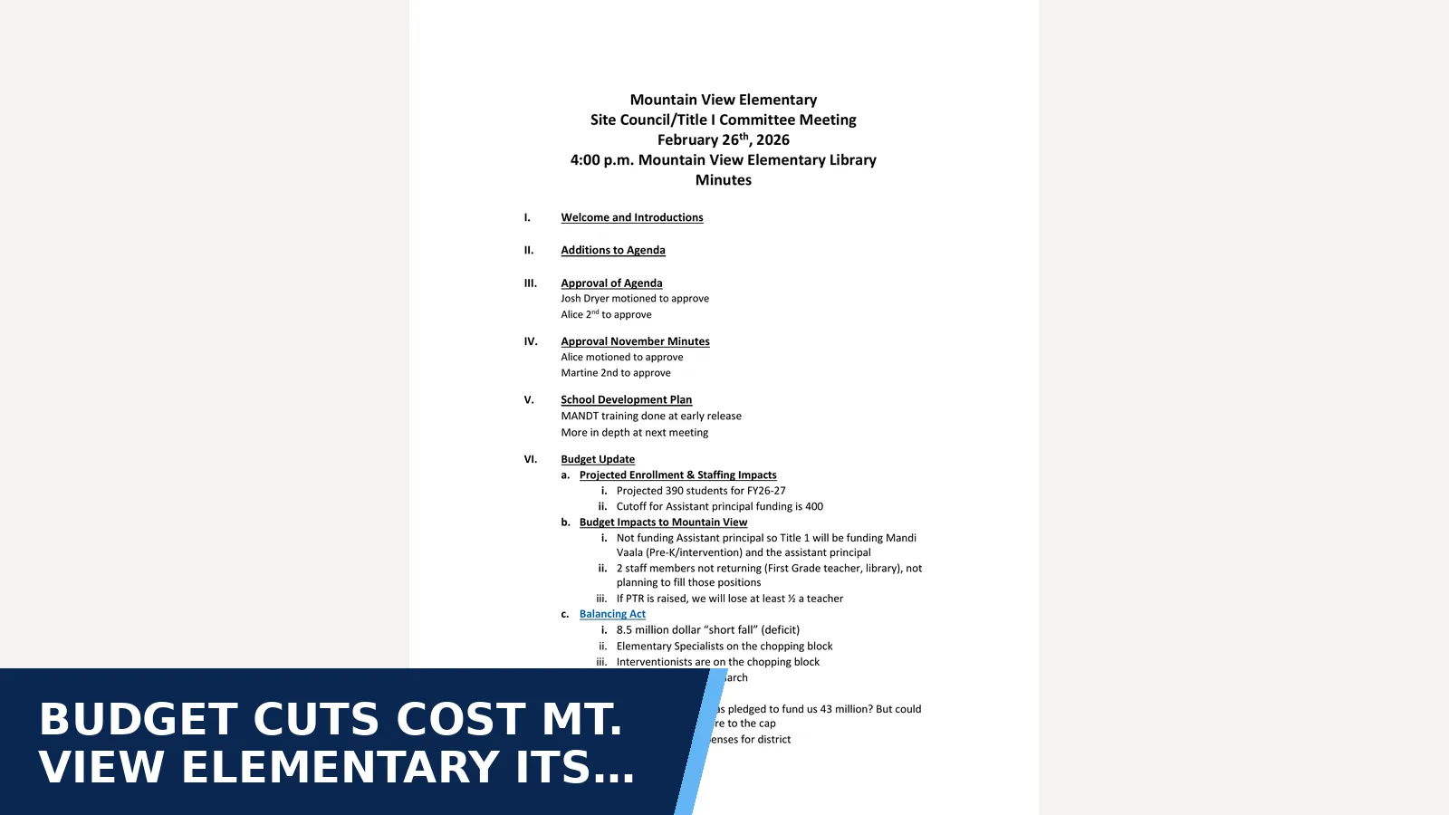 Excerpt from Mt. View Elementary — 2.26.26-Minutes.pdf for Budget cuts cost Mt. View Elementary its assistant…