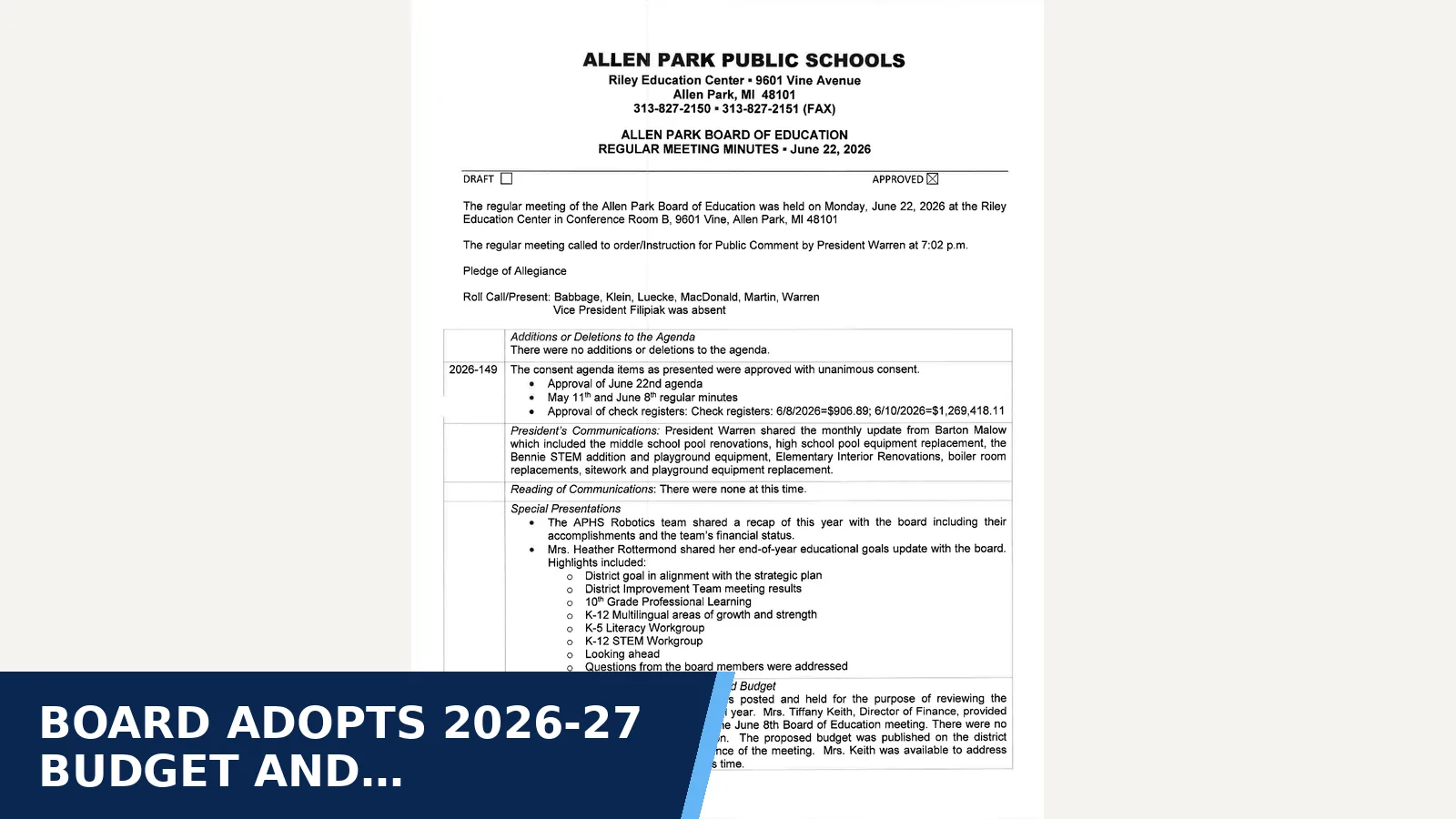 Excerpt from 6-22-2026 Regular Minutes for Board adopts 2026-27 budget and authorizes…