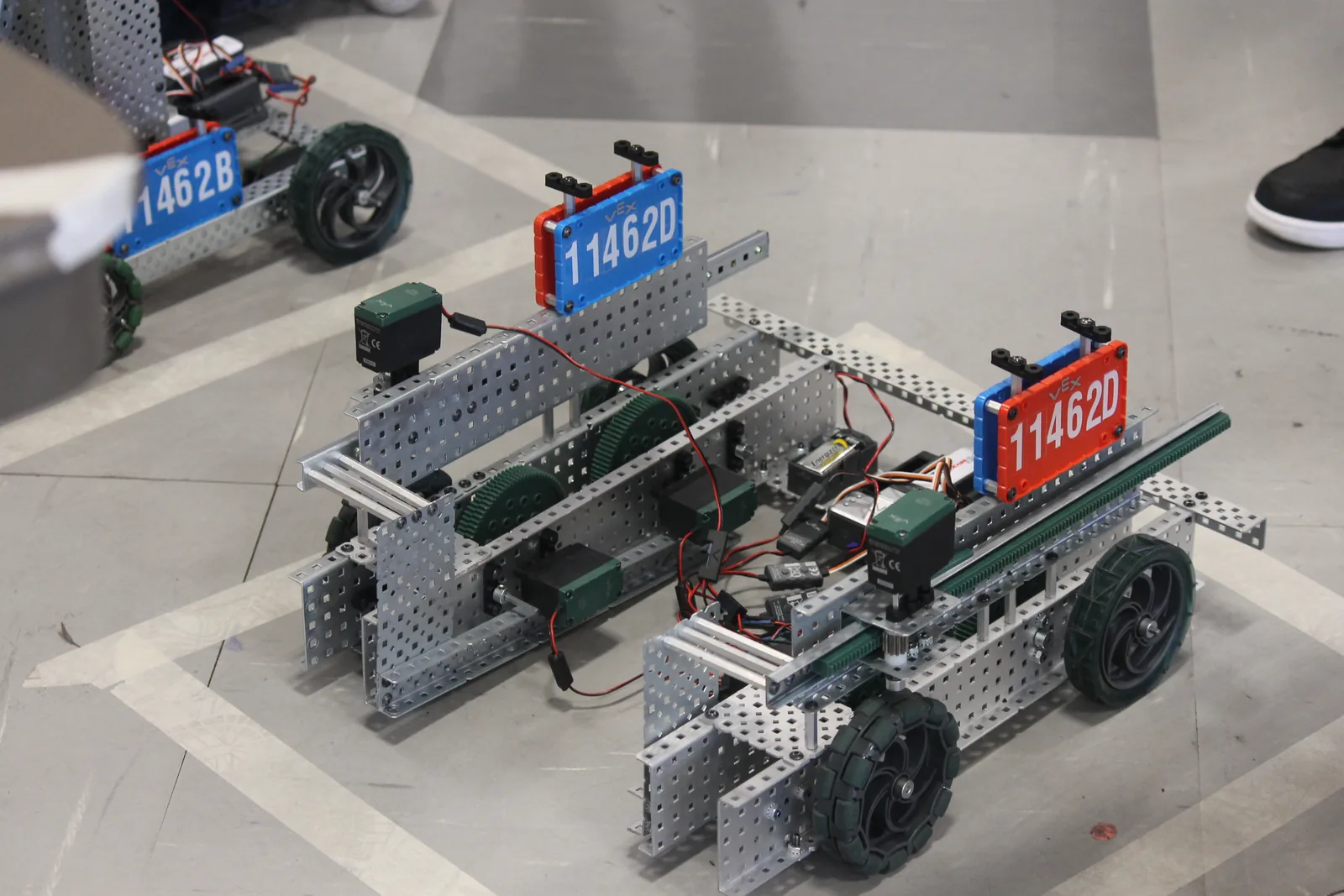 A robot built by students at Robert O. Gibson Middle School for the 2017-2018 VEX Robotics Competition season. Here it is seen before a match at Cimarron-Memorial High School in Las Vegas, Nevada.