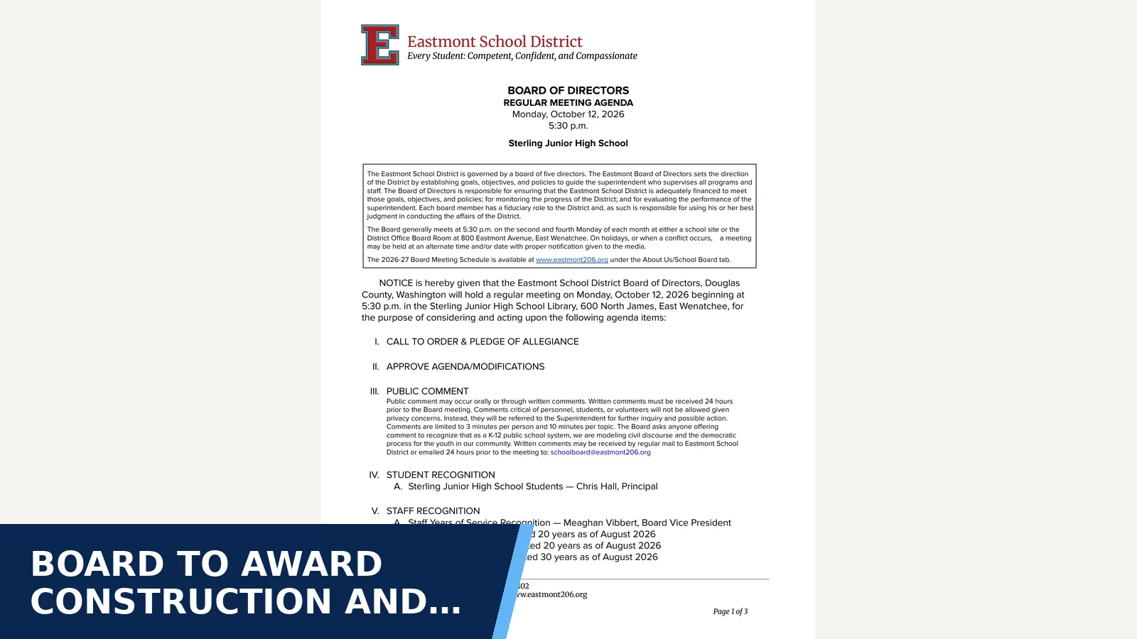 Excerpt from Eastmont Board of Directors 2026-10-12 — Oct 12-Agenda Only for Board to award construction and program management…
