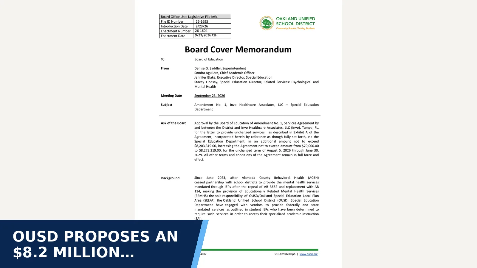 Excerpt from Board of Education - 9/23/2026 - 4:00 PM — linked agenda PDF 121360 for OUSD proposes an $8.2 million expansion of…