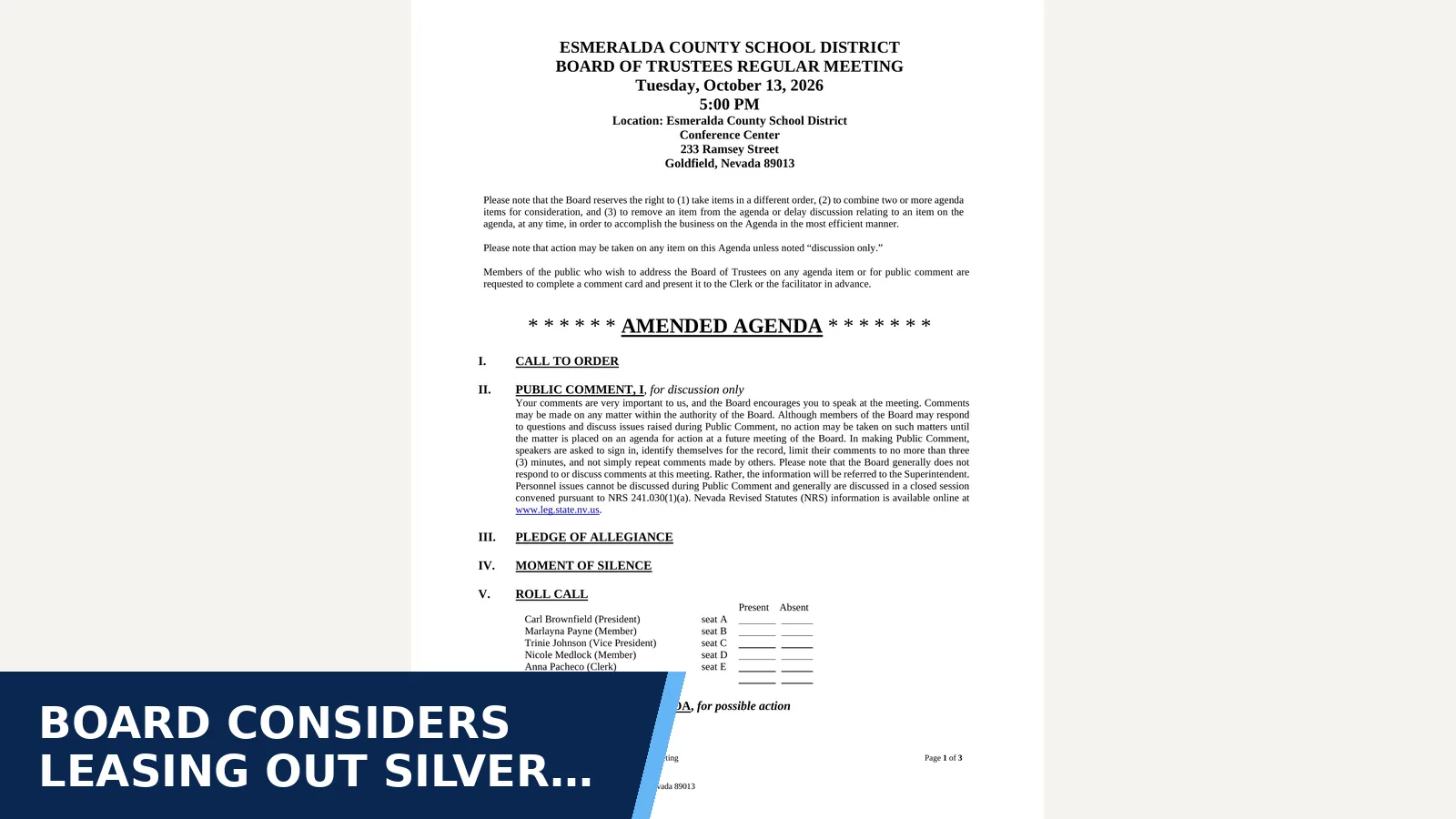 Excerpt from Esmeralda County School District Board of Trustees: 101326 Board Meeting Agenda_Amended_100726 for Board considers leasing out Silver Peak school…