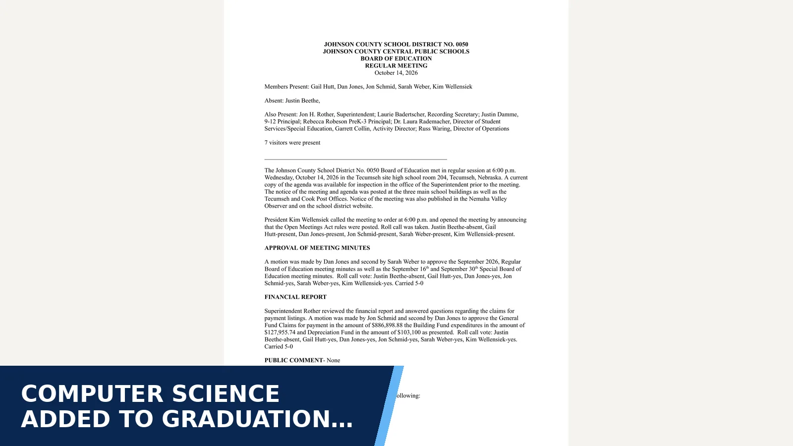 Excerpt from Board of Education regular meeting minutes - October 2026 for Computer science added to graduation requirements