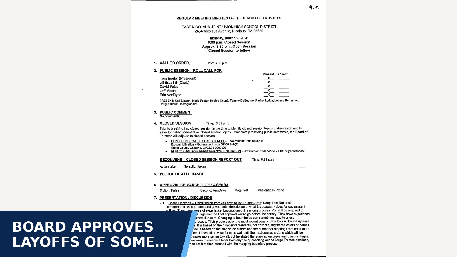 Excerpt from Board of Trustees - 20260309_Regular_Meeting_Minutes for Board approves layoffs of some classified staff…