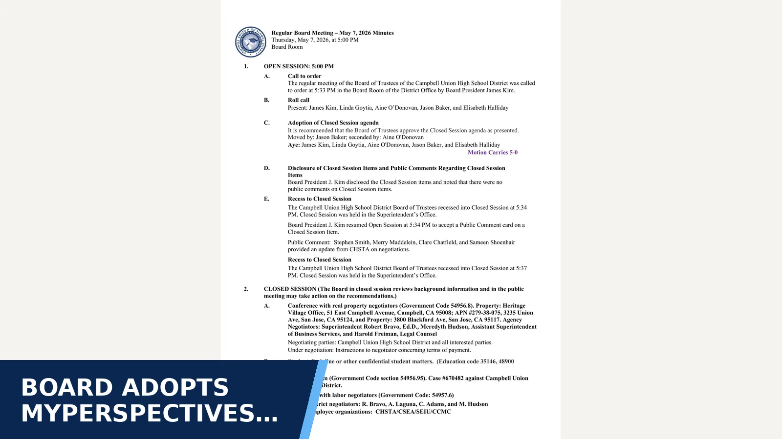 Excerpt from Regular Board Meeting — Minutes for Board adopts myPerspectives English materials