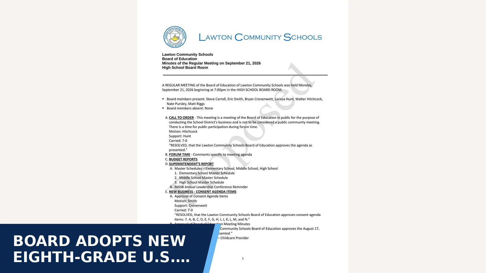 Excerpt from Lawton Community School District Custom Minutes for September 21, 2026 at 7:00 PM - Regular Meeting - BoardBook Premier for Board adopts new eighth-grade U.S. history textbook