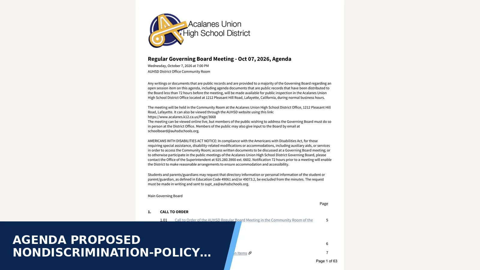 Excerpt from Regular Governing Board Meeting - Oct 07 2026 for Agenda proposed nondiscrimination-policy changes…
