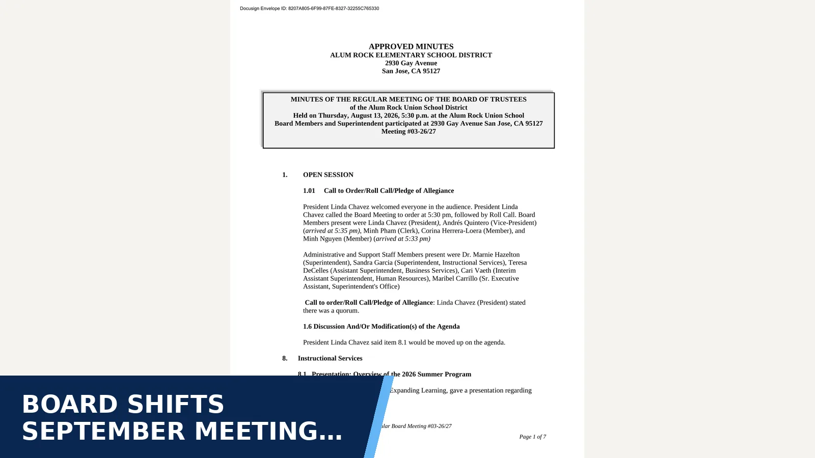 Excerpt from 2026-08-13 — August 13, 2026 for Board shifts September meeting date, may cancel a…
