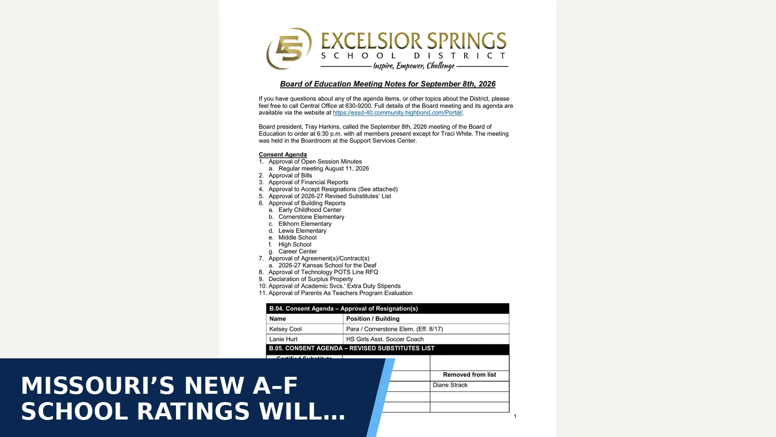 Excerpt from September 8, 2026 board meeting summary for Missouri’s new A–F school ratings will make MAP…