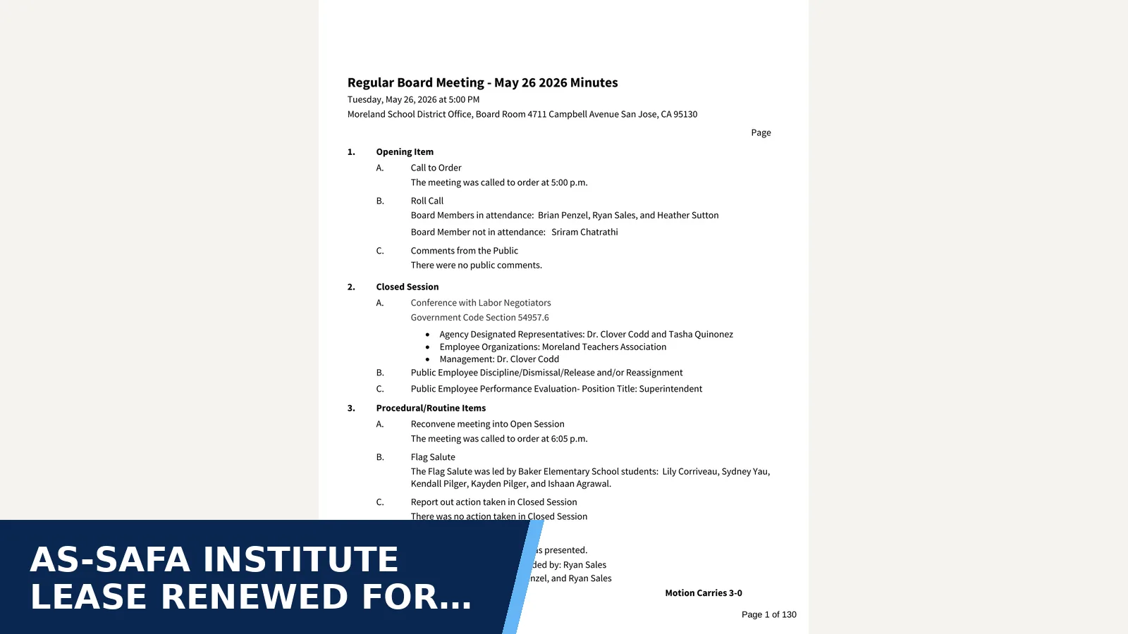 Excerpt from Regular Board Meeting - May 26 2026 full minutes package for As-Safa Institute Lease Renewed for Seven…