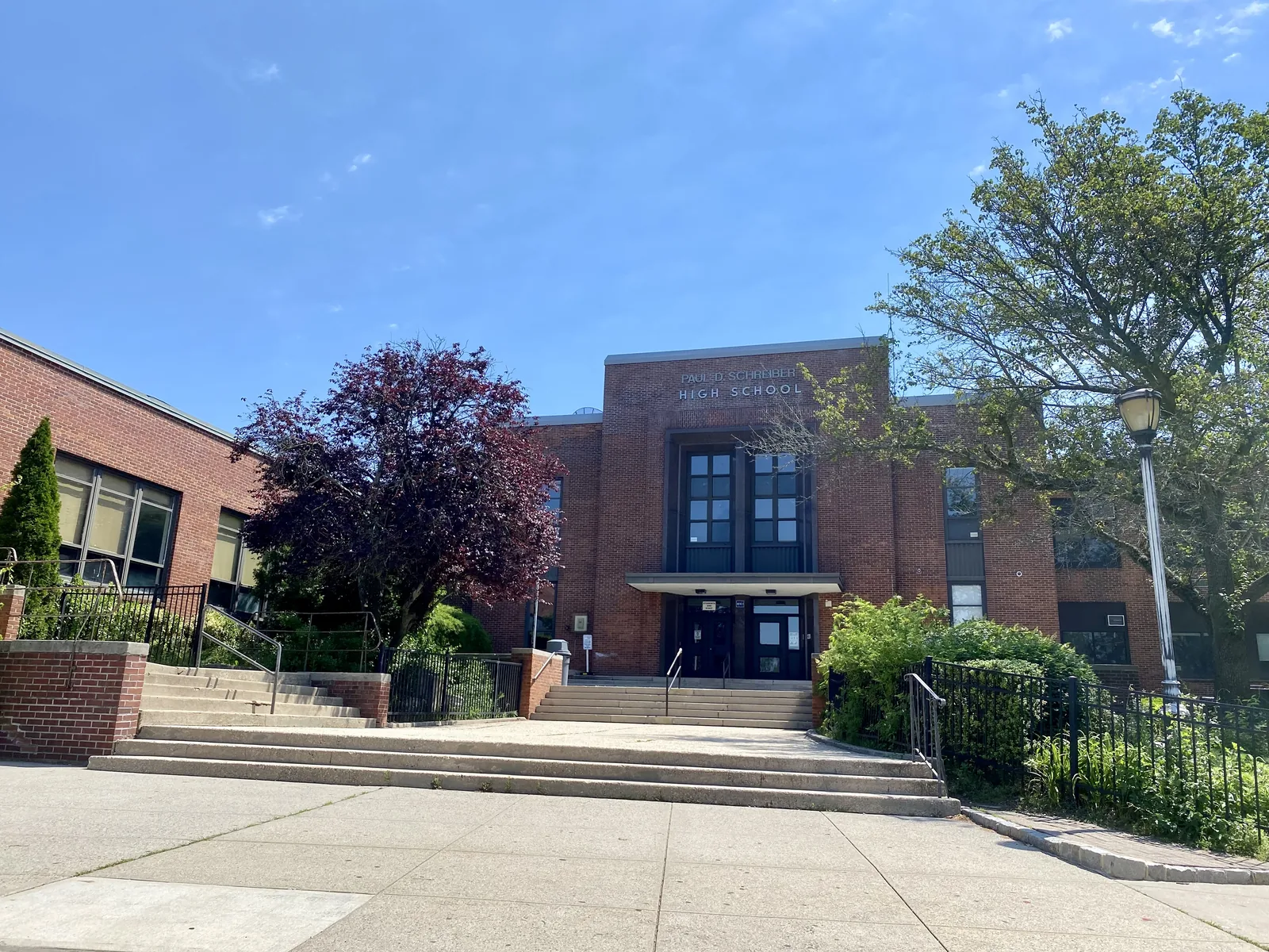 Paul D. Schreiber High School in Port Washington, on Long Island, in New York. This is the Port Washington Union Free School District's sole high school, and as such, it serves all children attending Port Washington's schools in grades 9 through 12. This photo was taken on June 6, 2021.