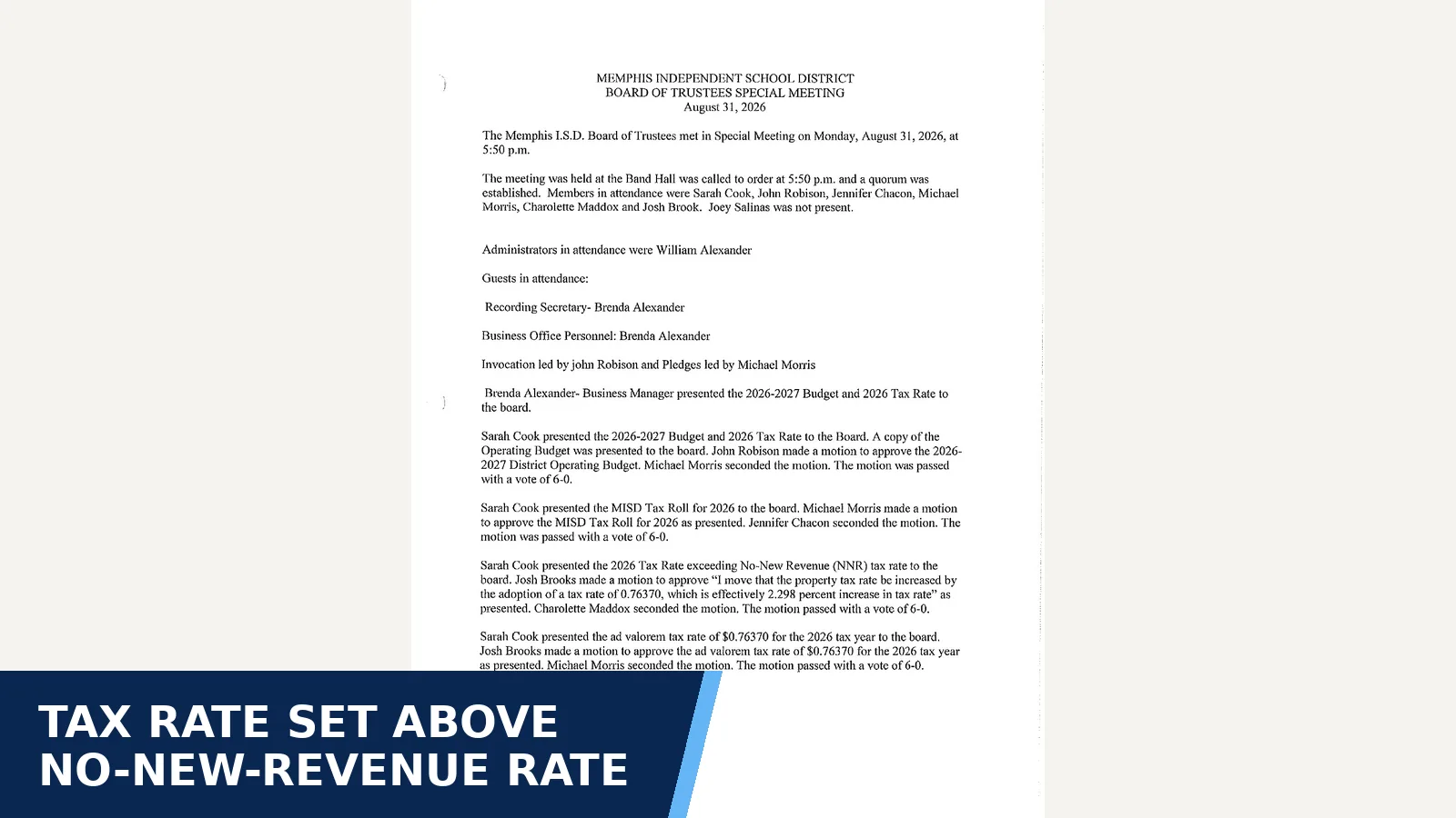 Excerpt from Memphis ISD: Special Meeting Minutes August 31, 2026 for Tax rate set above no-new-revenue rate