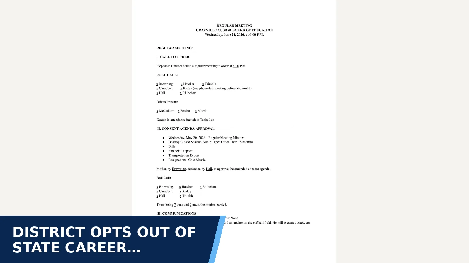 Excerpt from Board of Education minutes - JUNE 2026 for District opts out of state career pathways endorsement