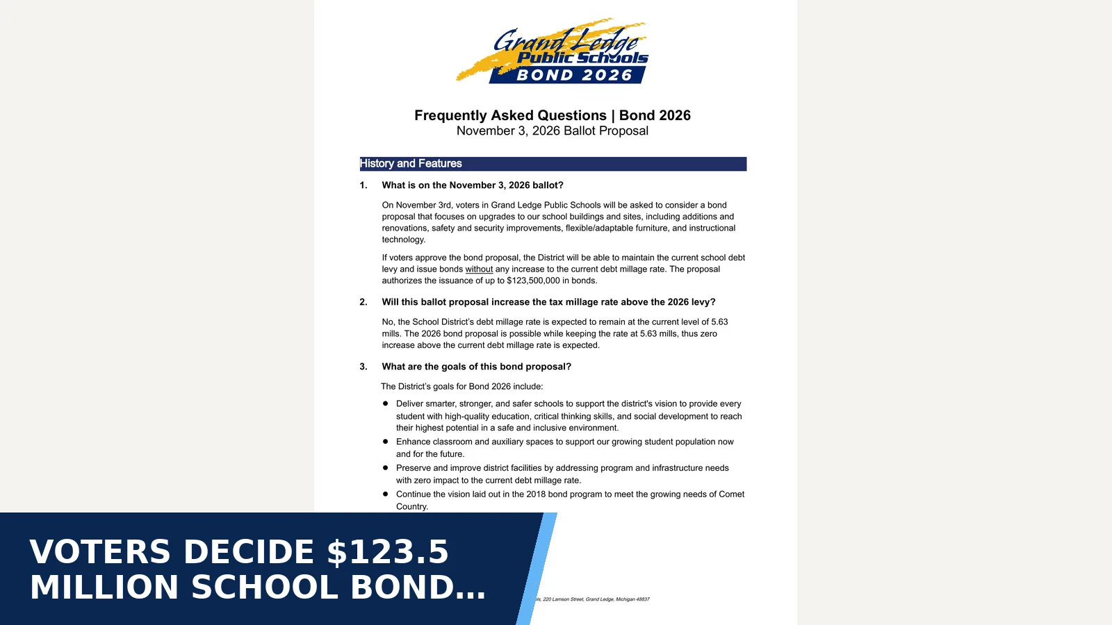 Excerpt from Bond 2026 FAQ (September 23, 2026) for Voters decide $123.5 million school bond on November 3
