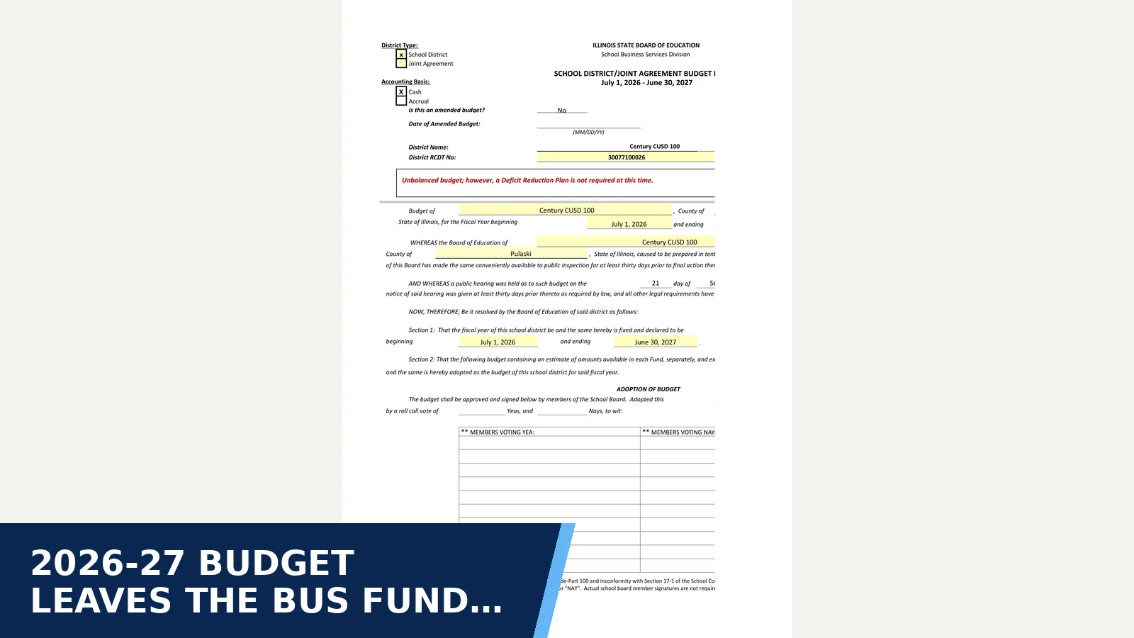 Excerpt from Budget: FY27: Copy of FY27 Budget for 2026-27 budget leaves the bus fund with about $5,000