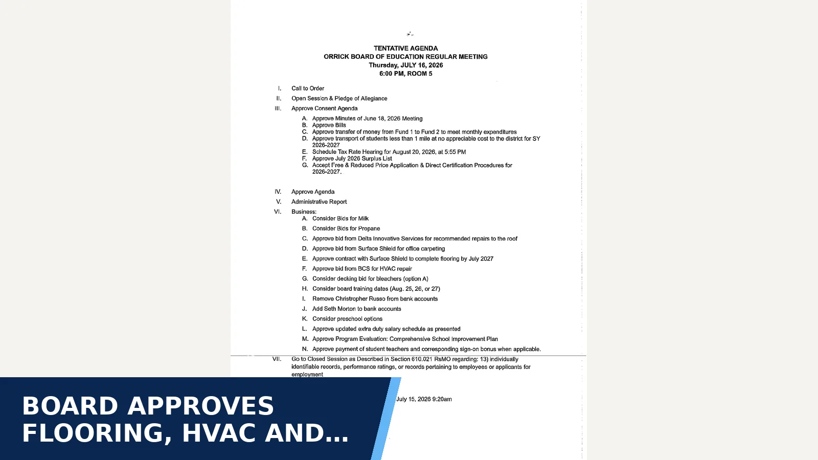 Excerpt from July 16, 2026 for Board approves flooring, HVAC and gym work