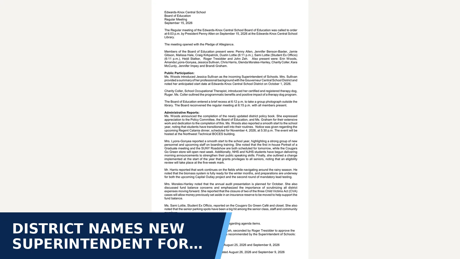 Excerpt from September 15, 2026 Meeting Minutes for District names new superintendent for October