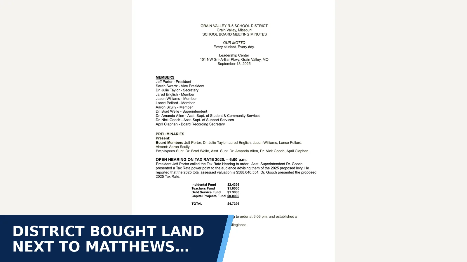Excerpt from September 18, 2025 Board Meeting Minutes for District bought land next to Matthews Elementary