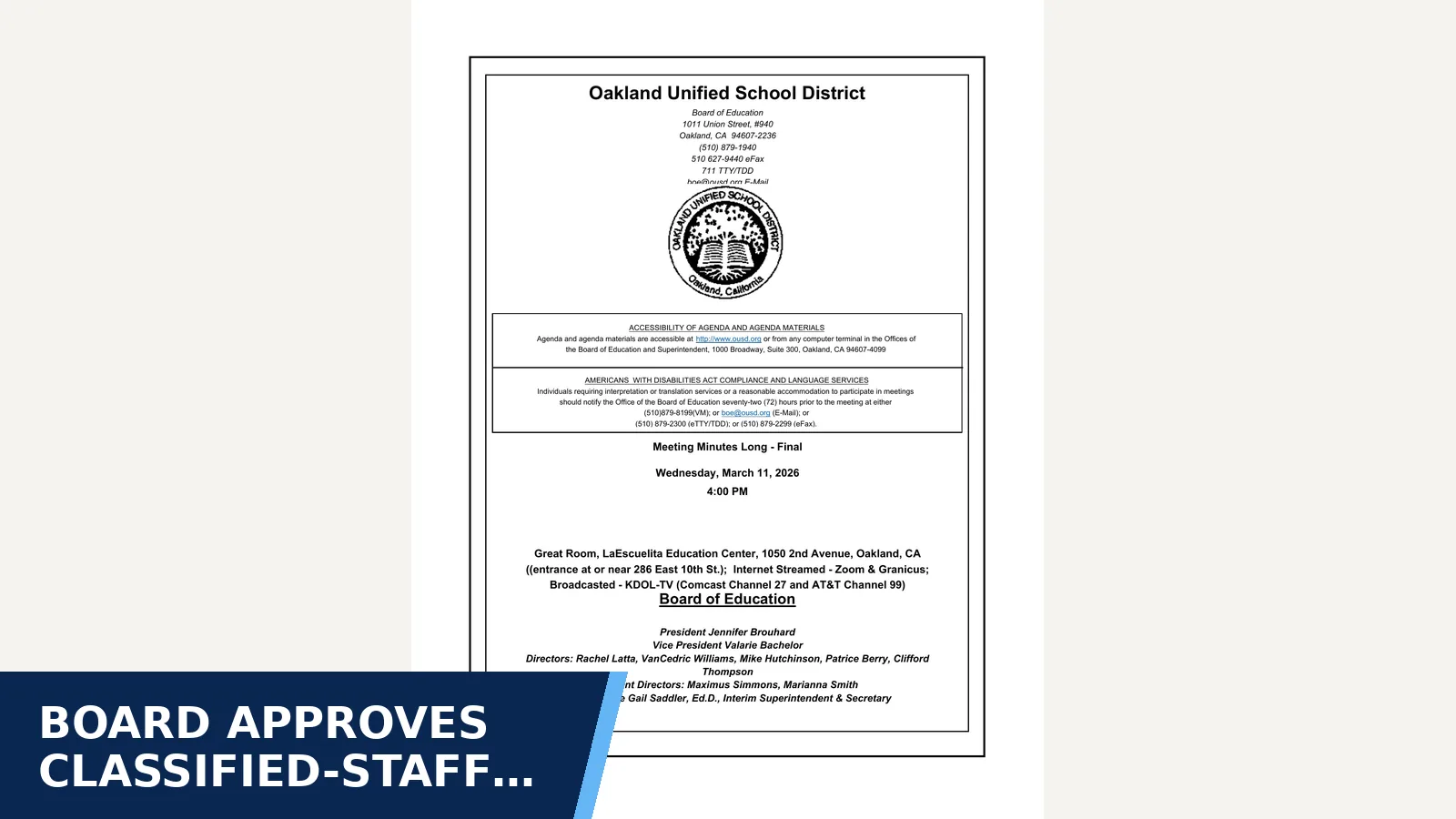 Excerpt from Board of Education - 3/11/2026 - 4:00 PM — Minutes for Board approves classified-staff layoffs for 2026–27