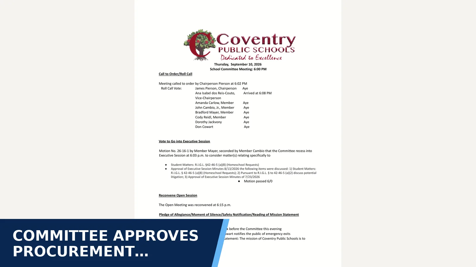 Excerpt from Coventry School Committee — Minutes for Committee approves procurement process for a new…