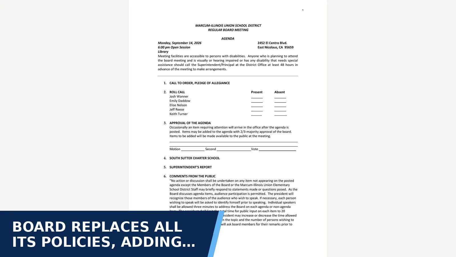 Excerpt from Marcum-Illinois Union ESD Board of Trustees September 14, 2026 - Board materials for Board replaces all its policies, adding rules for AI