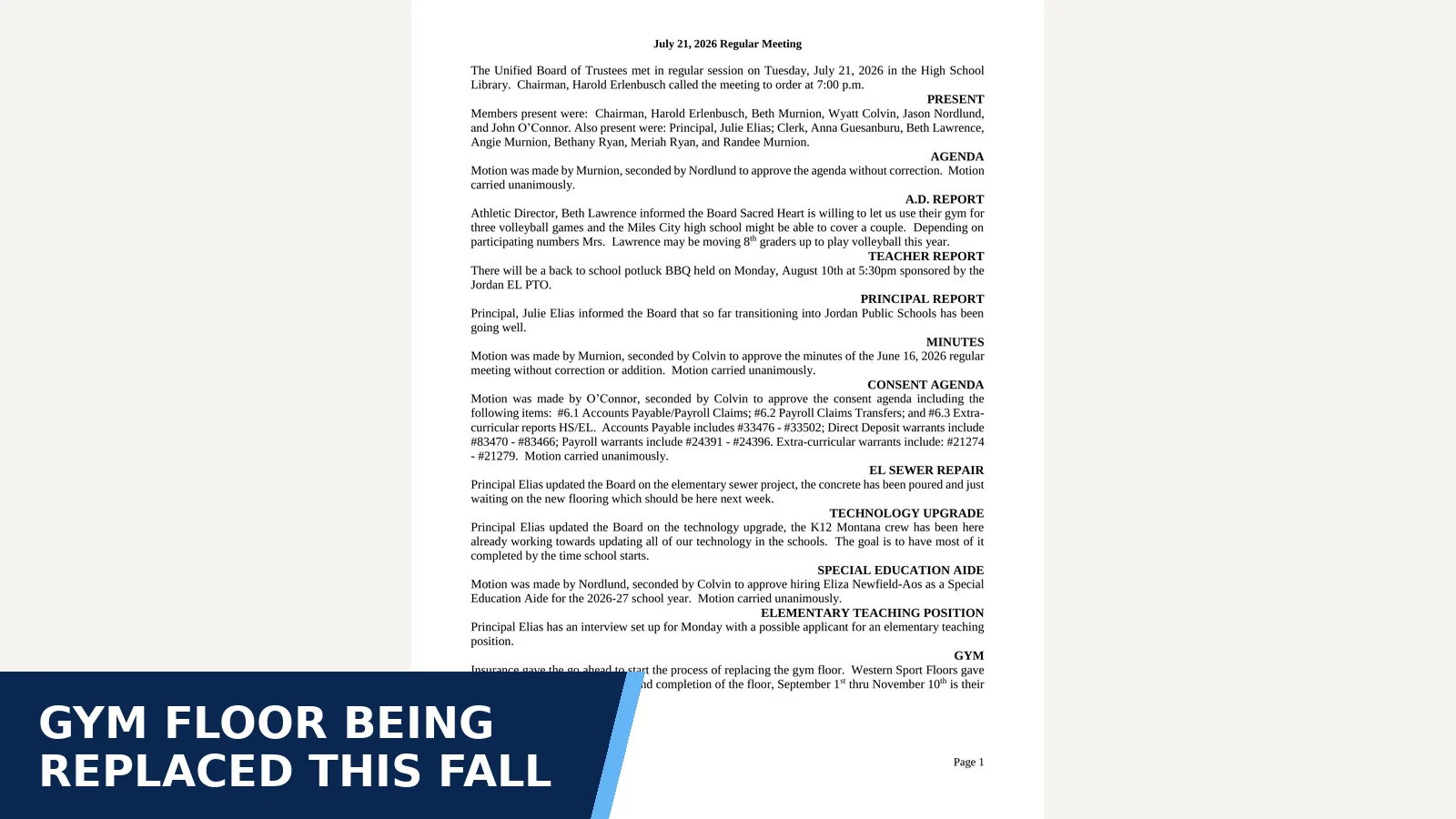 Excerpt from Board minutes - July 21, 2026.pdf for Gym floor being replaced this fall