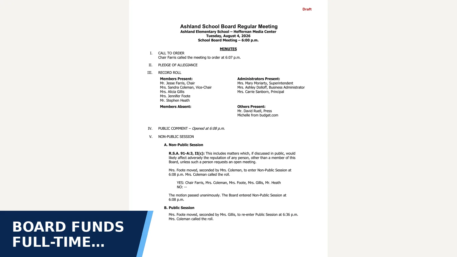 Excerpt from Ashland School Board draft minutes — 2026-08-04 for Board funds full-time student-support position