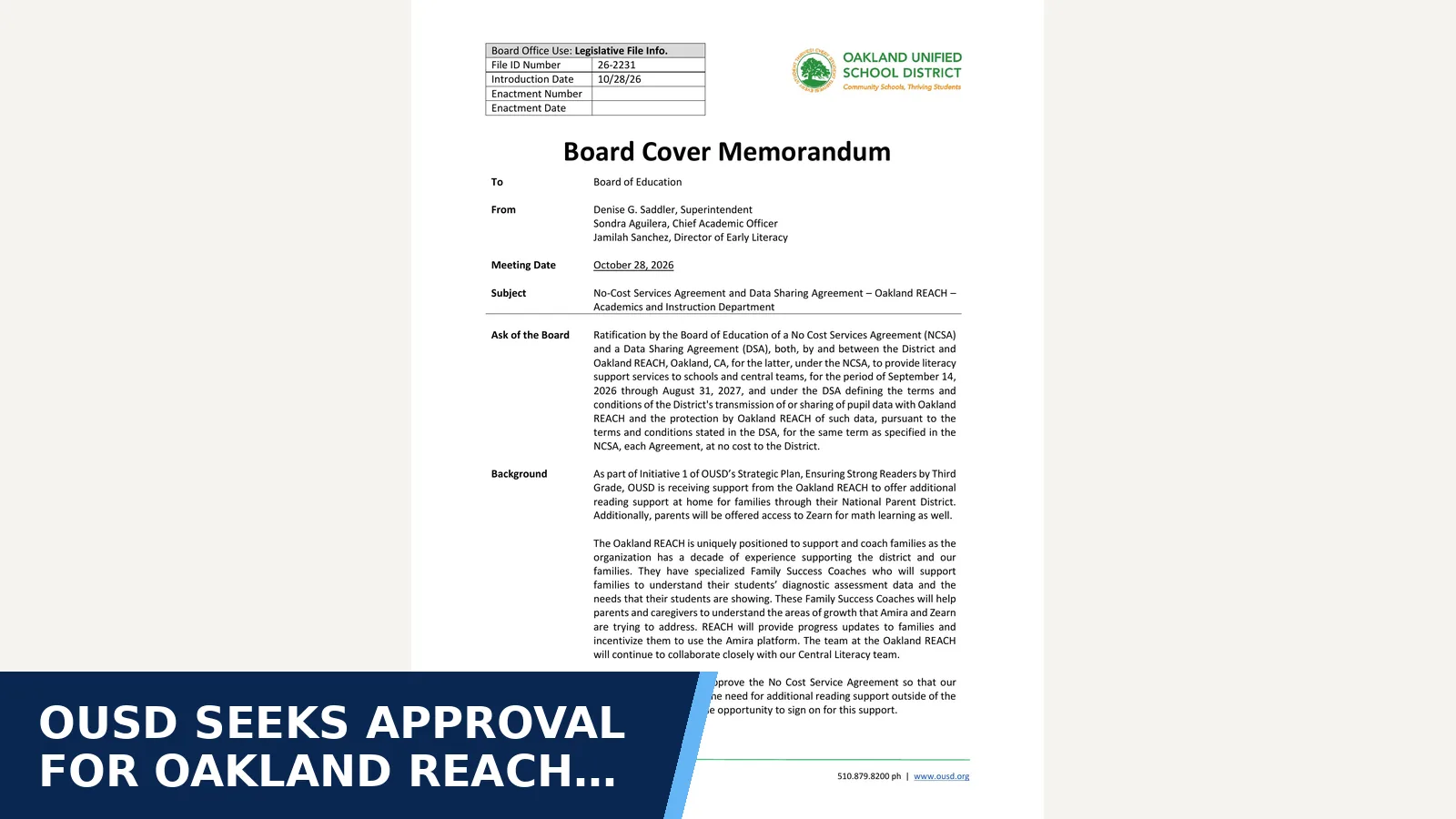 Excerpt from Board of Education - 10/28/2026 - 4:00 PM — linked agenda PDF 121628 for OUSD seeks approval for Oakland REACH family…
