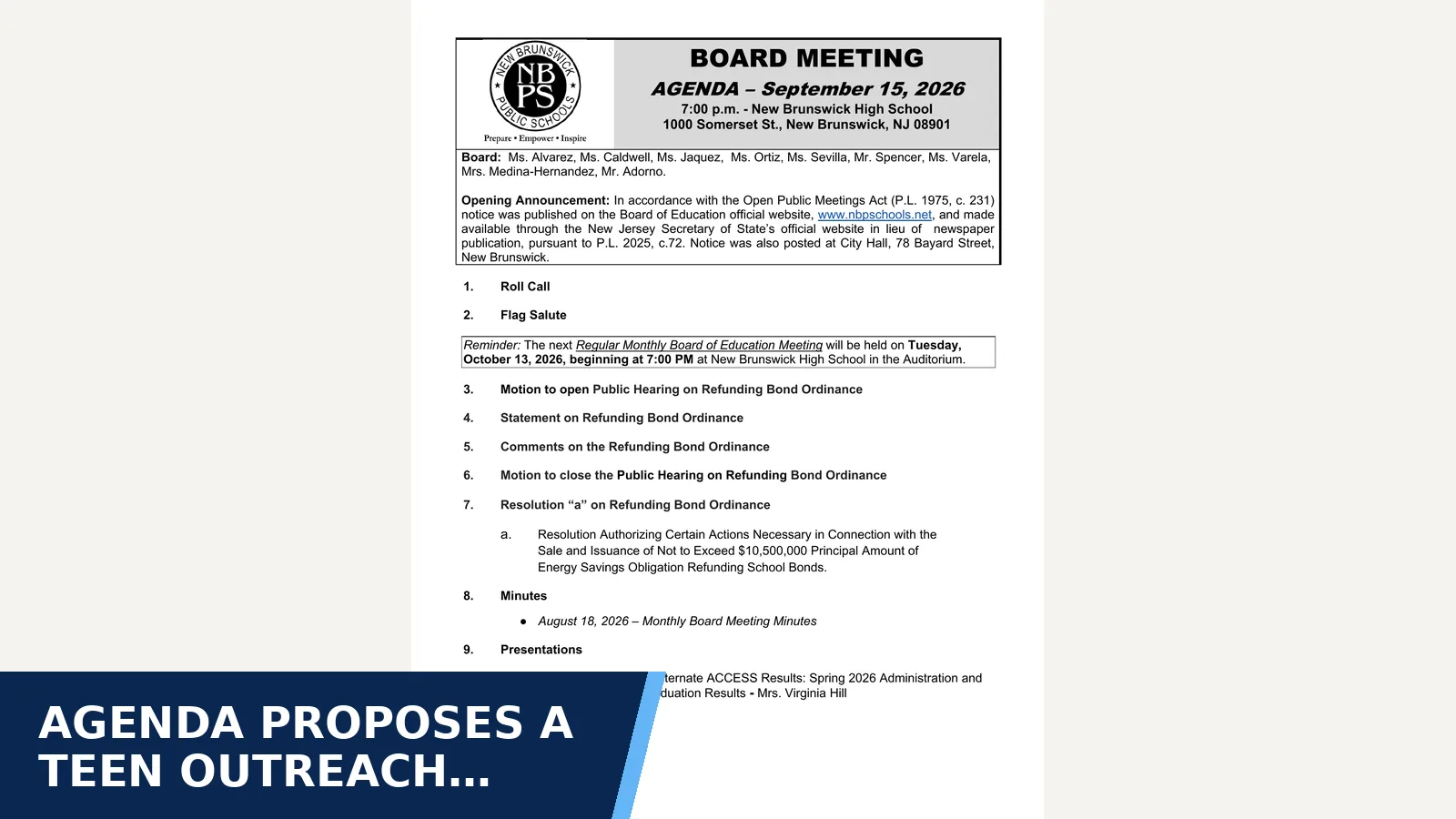 Excerpt from 2026-09-15 SEPT. AGENDA.pdf for Agenda proposes a Teen Outreach Program curriculum…