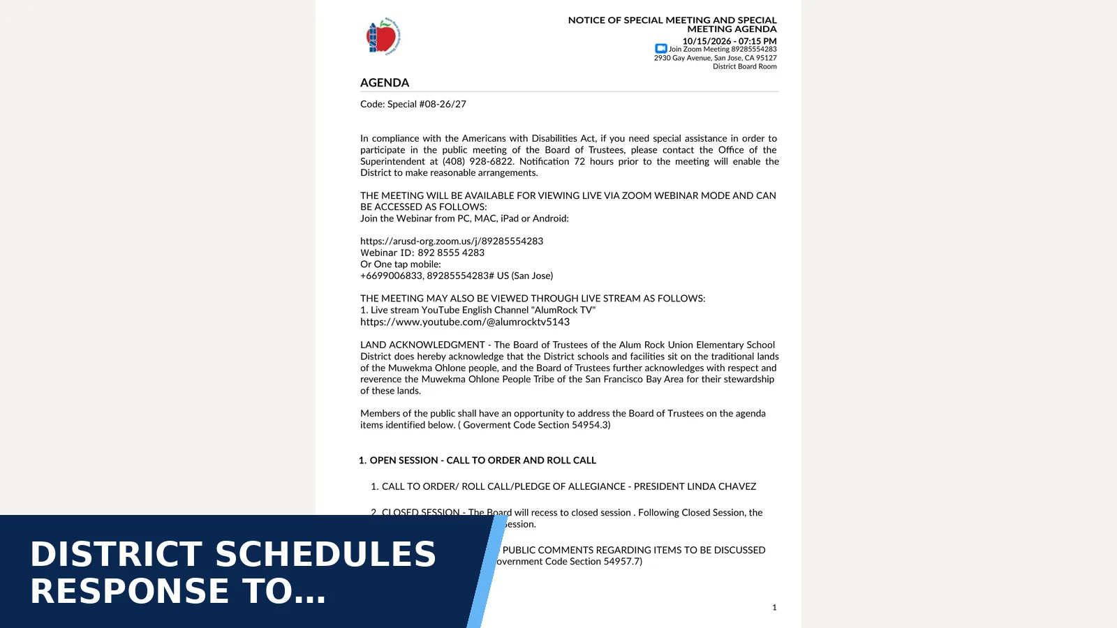 Excerpt from 2026-10-15 — October 15, 2026 Special Board Meeting Agenda for District schedules response to threatened Brown…