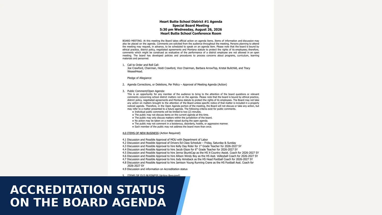 Excerpt from Special Board Meeting 08/26/26 for Accreditation status on the board agenda