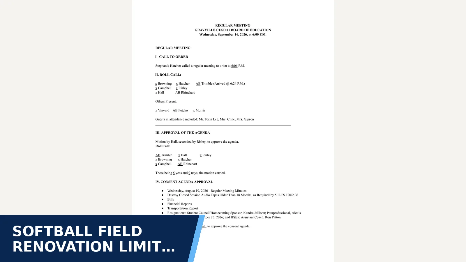 Excerpt from Board of Education minutes - SEPTEMBER 2026 for Softball field renovation limit raised to $53,000