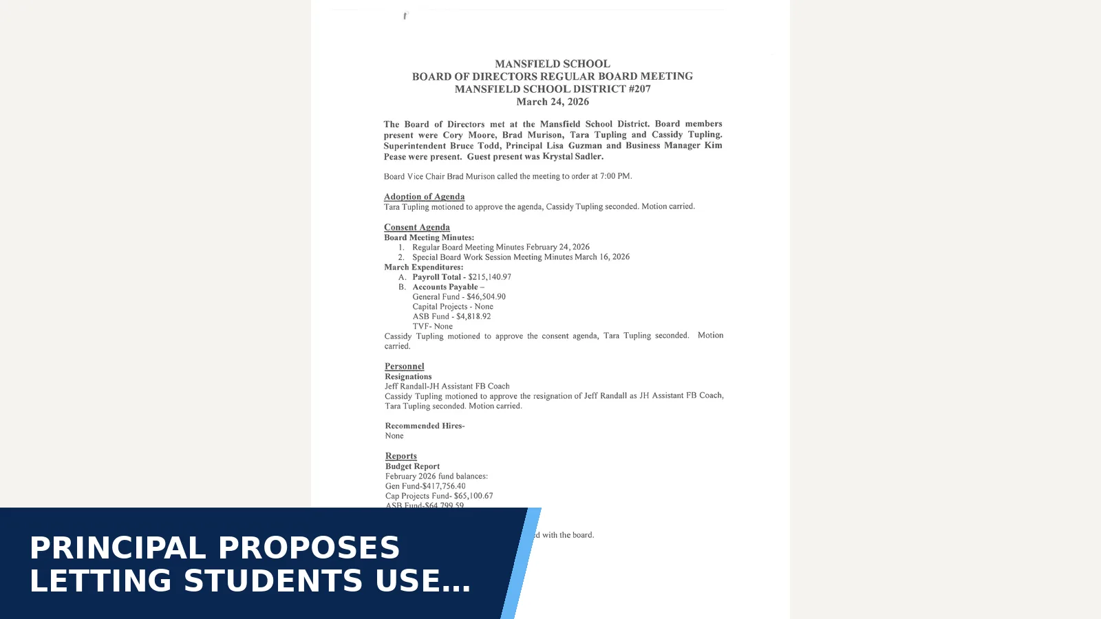 Excerpt from Board of Directors: Mar 24 2026 Regular Board Meeting Minutes for Principal proposes letting students use ChatGPT