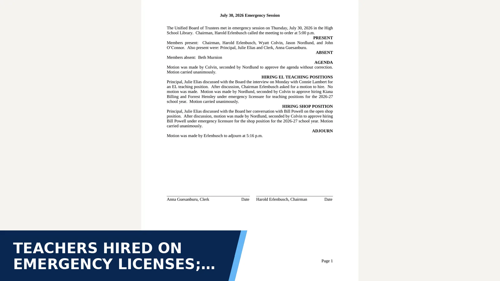 Excerpt from Jordan Public Schools Board of Trustees: Minutes July 30, 2026 EM for Teachers hired on emergency licenses; board looks…