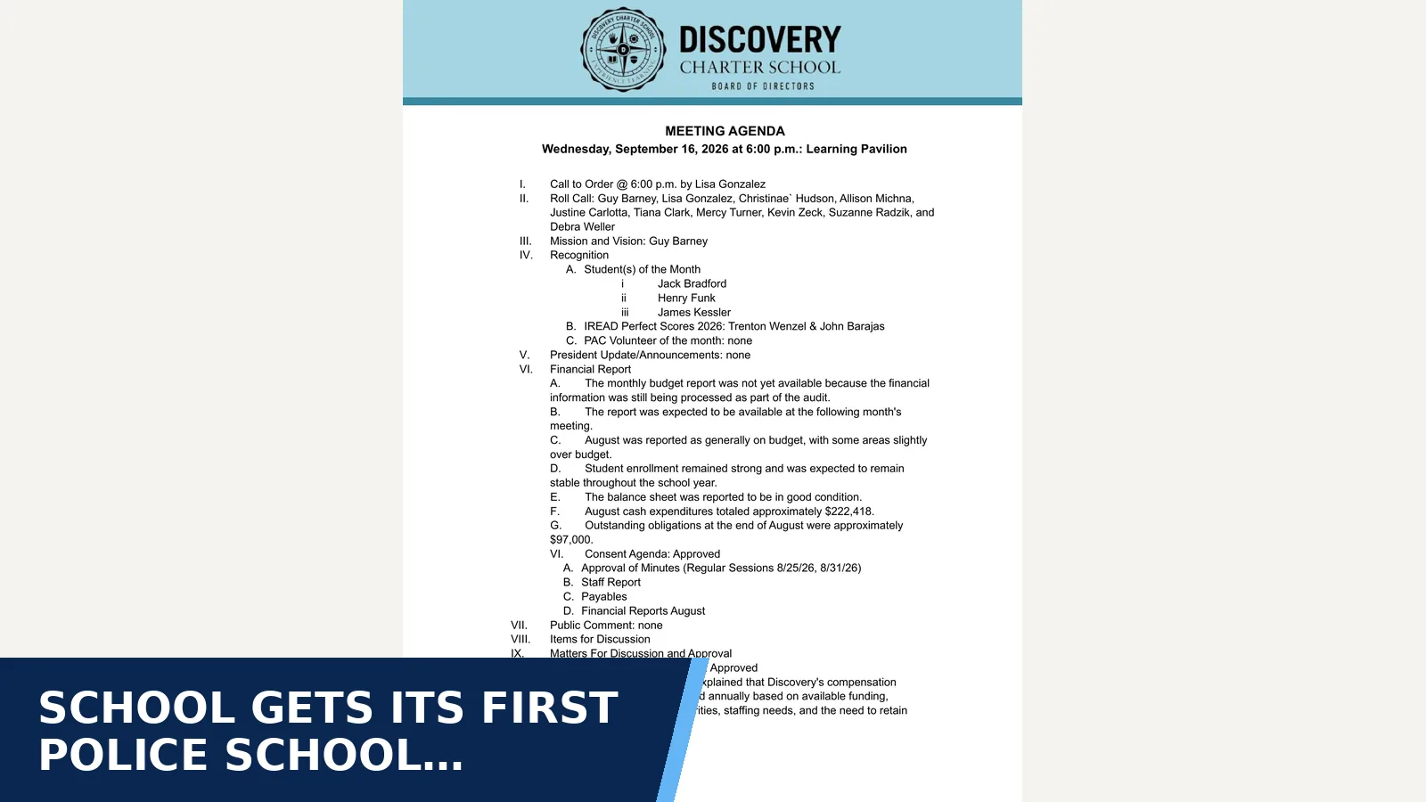 Excerpt from Discovery Charter School Board Board Meeting Minutes - 2026-09-16 for School gets its first police school resource officer