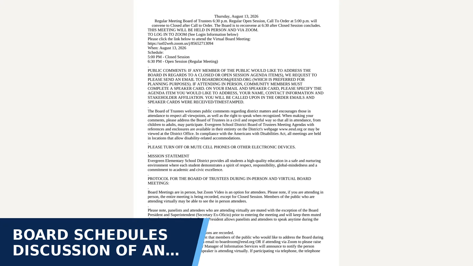 Excerpt from August 13, 2026 - Regular Board Meeting - Agenda for Board schedules discussion of an…